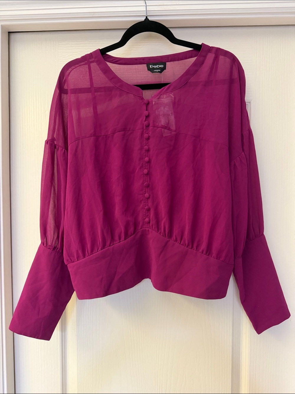 NWT bebe Magenta Button-Front Sheer Yoke Blouse